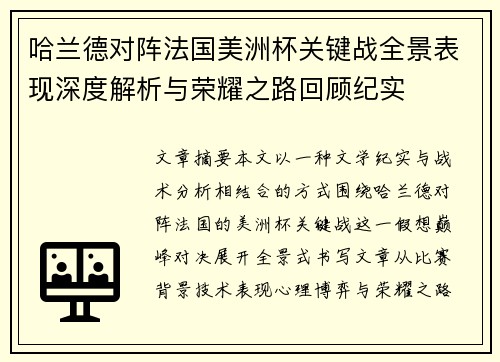 哈兰德对阵法国美洲杯关键战全景表现深度解析与荣耀之路回顾纪实
